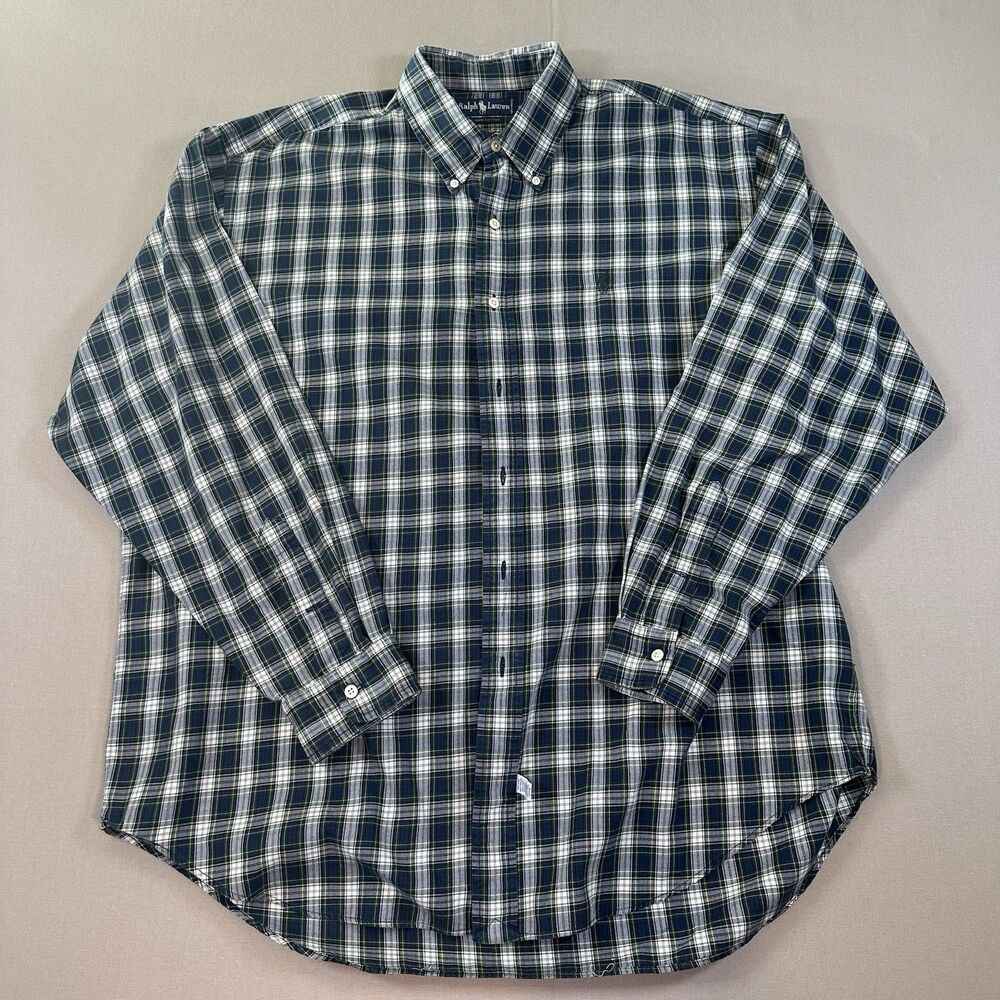 Ralph Lauren Blue Green Plaid Soft Cotton Button-Down Dress Shirt - Men's XL